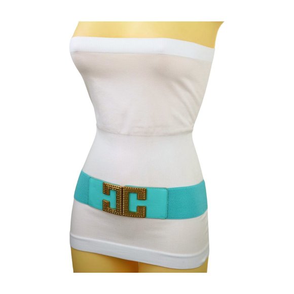NEW Women Mint Green Shade Elastic Wide Belt Metal C Buckle Adjustable Size S M - Picture 7 of 17